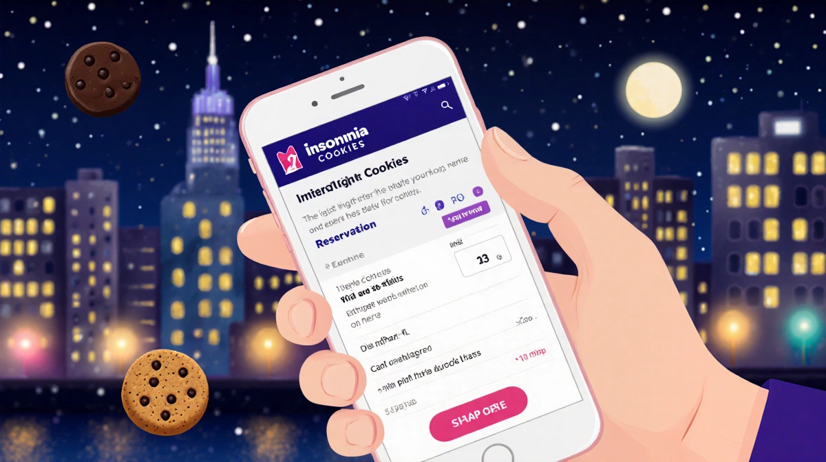 Person booking Insomnia Cookies on smartphone with calendar showing late-night delivery slots and city lights behind