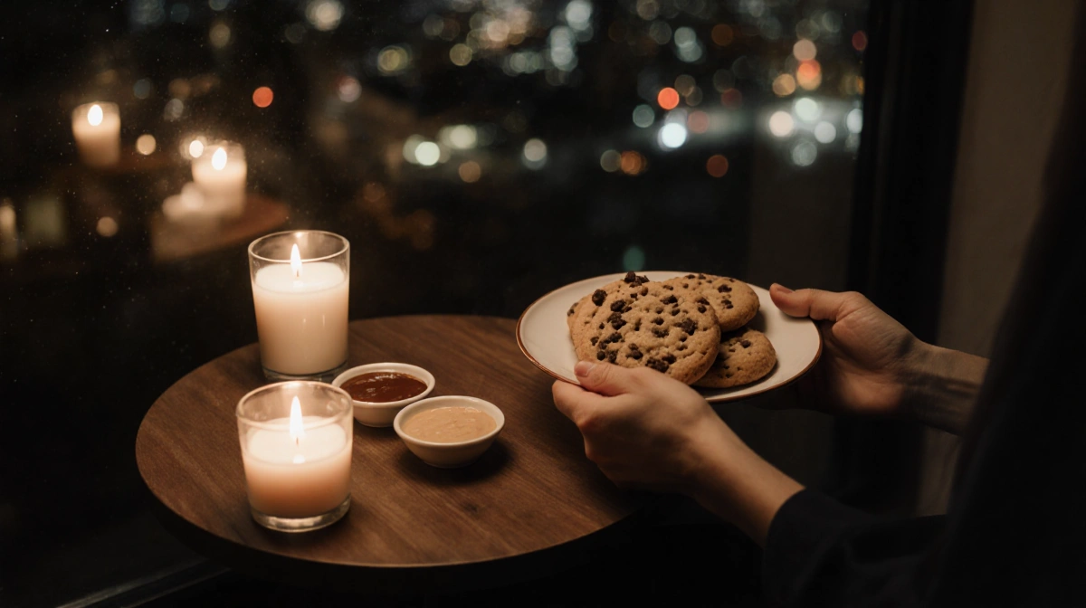 Hands holding Insomnia Cookies with milk and dipping sauces on wooden table near city lights