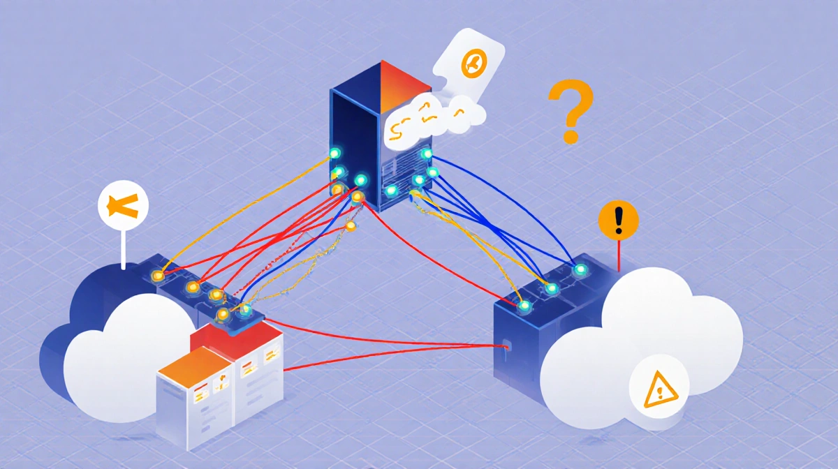 Connected service silos exchanging data with warning lights and orange stress indicators over network grid