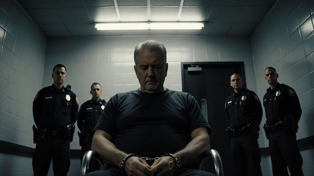Handcuffed man sits with head down in interrogation room with officers standing behind