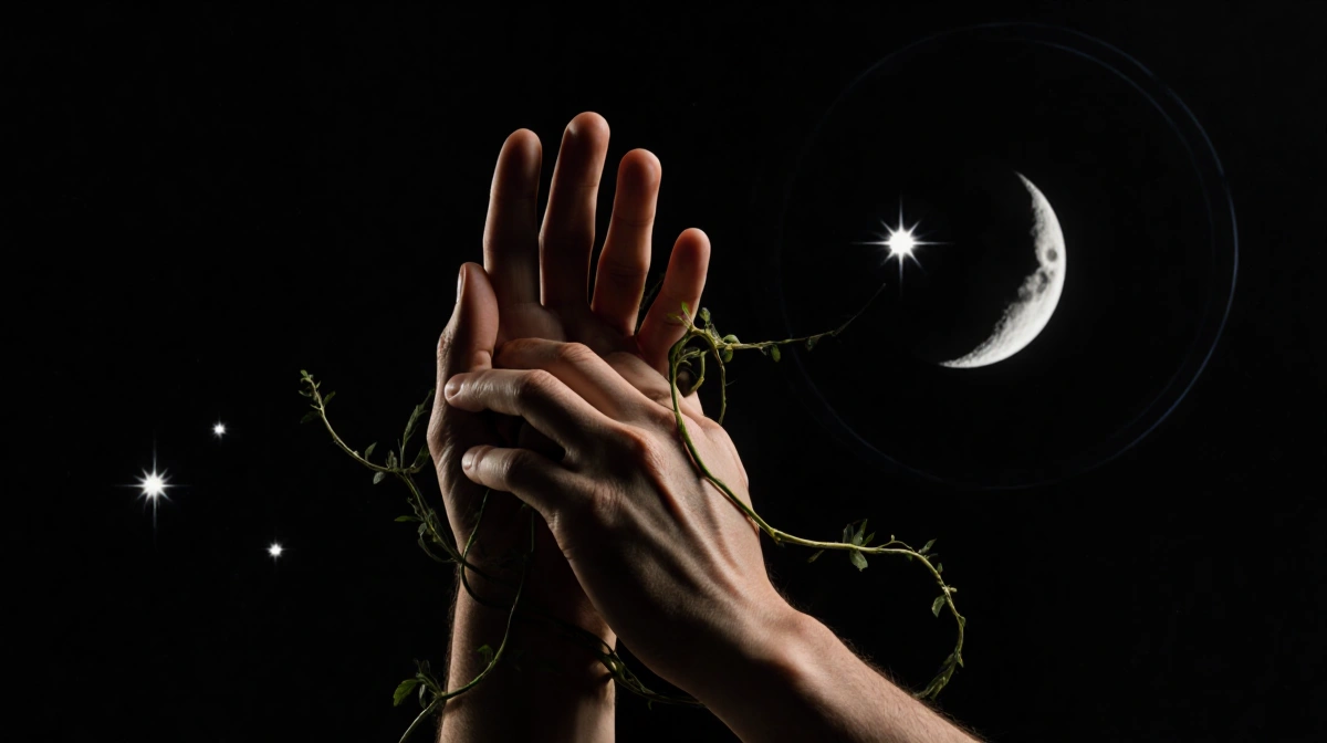 Two pairs of hands intertwine with fingers wrapped together under dim lighting with moon and planets visible behind