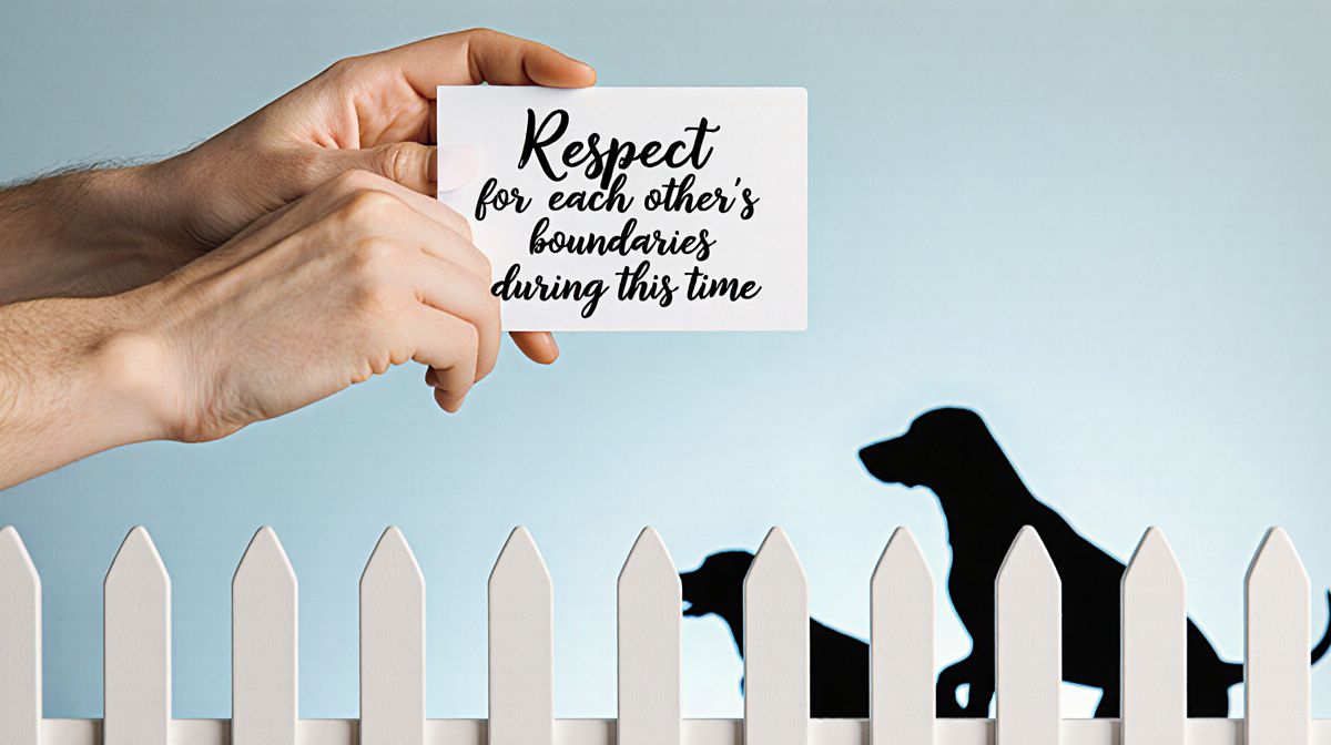 Intertwined hands holding a white card with respect note with blue gradient background and blurred dog silhouettes near fence