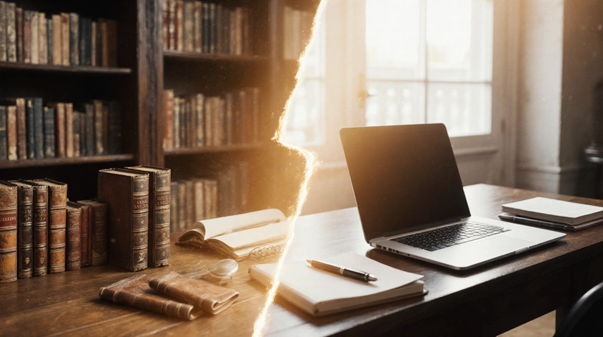 Two intertwined timelines blend past and present with vintage books and modern desk showing continuity