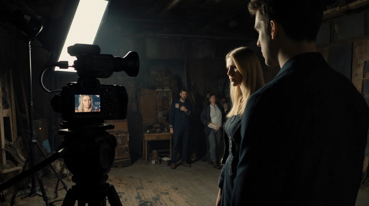 Gwyneth Paltrow filming on dimly lit set with camera crew and Timothée Chalamet's reflection visible in lens