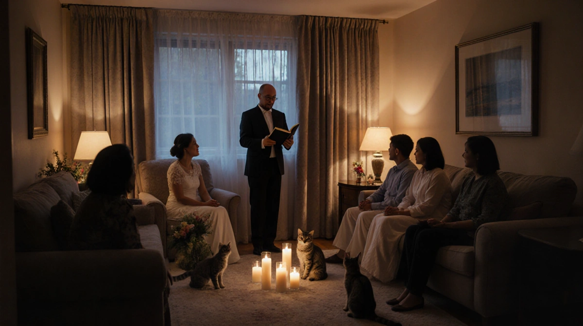 Officiant performing intimate wedding ceremony with couple and cats in cozy candlelit apartment