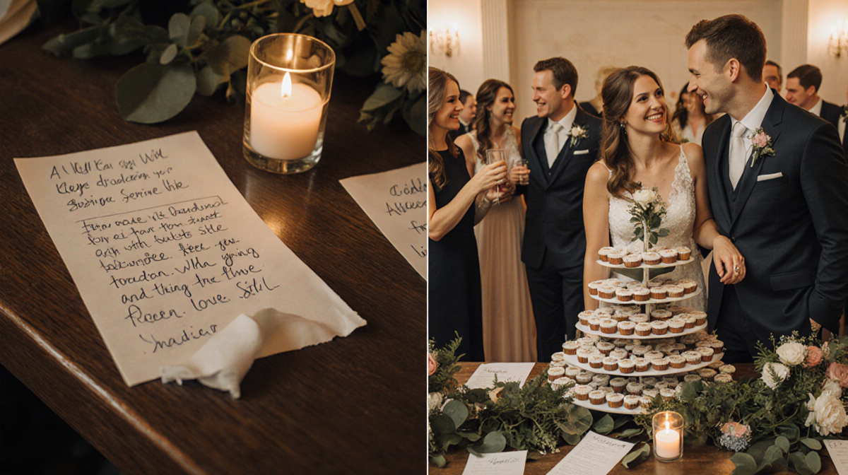 Will and Amanda dancing at wedding with handwritten notes on a wooden table surrounded by candles and flowers