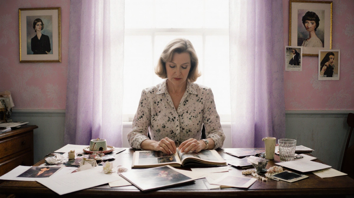 Woman sits at vintage desk flipping through old photographs with fashion magazines and framed cutouts on pastel walls behind 