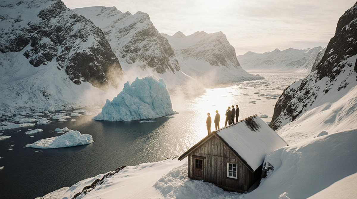 White House delegation stands on cabin roof gazing at iceberg breaking in Arctic fjord with golden light and mountain cliffs