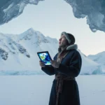 Inuit person in traditional clothing looking shocked at tablet showing Earth satellite image with ice cave and snow mountains