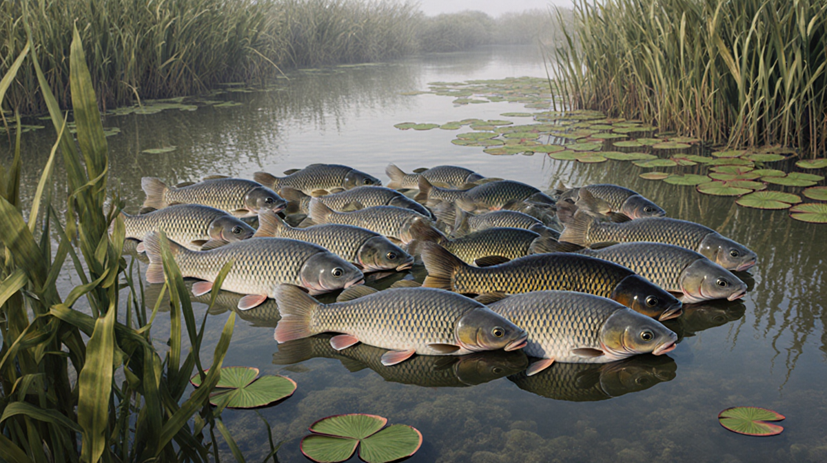 Invasive carp swimming in a crowded river formation with dense aquatic vegetation and subtle reeds in background