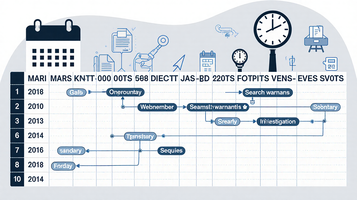 Table showing investigation timeline with gray-blue rows and arrows marking warrants and seizures near a subtle calendar back