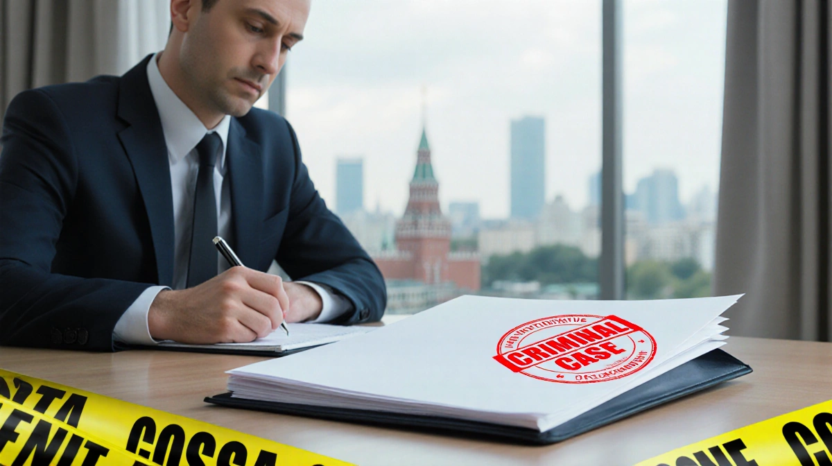 Investigative official reviewing criminal case file with red stamp and Moscow skyline visible through window