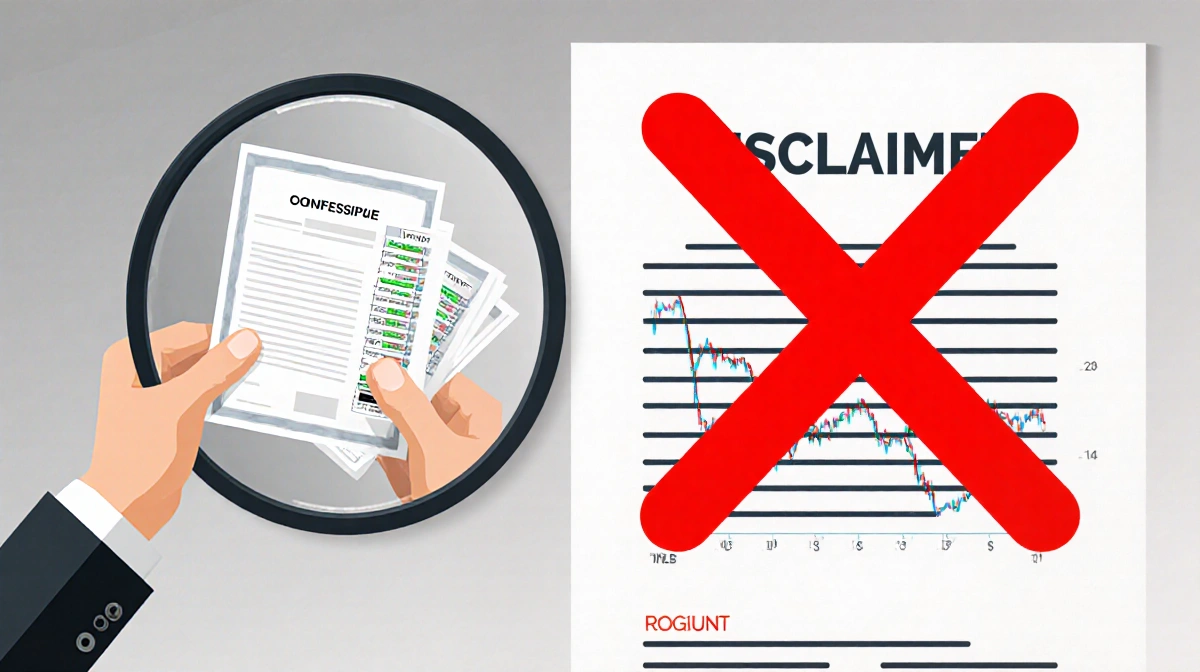 Person holding stock certificate in mirror reflection with red X through financial chart showing investment disclaimer