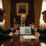 Three business executives analyze investment charts with Noble Flashes logo and golden lighting