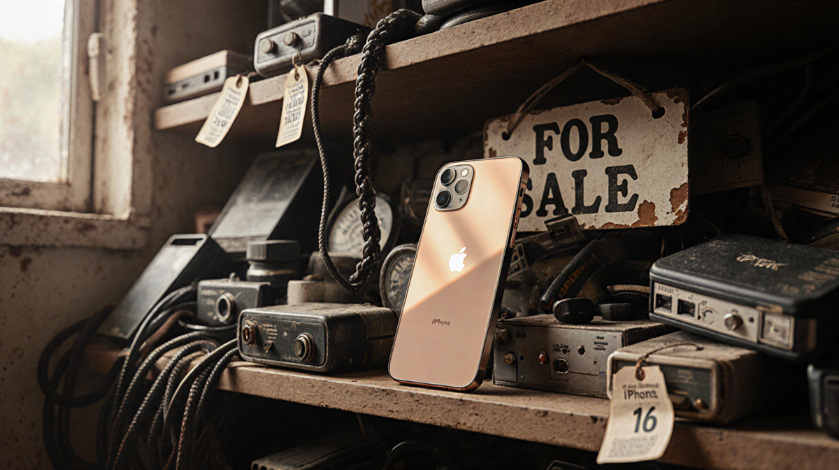 iPhone 16 rests on a cluttered second‑hand shelf with warm light on its screen and a crooked