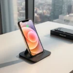 iPhone 16E sits angled on desk with wireless charger and case nearby showing city background