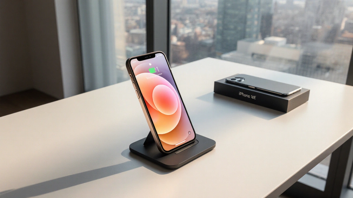 iPhone 16E sits angled on desk with wireless charger and case nearby showing city background