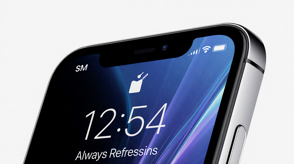 iPhone 17 screen shows always-on display with animated time and notifications in minimalist layout