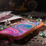 iPhone 17 displays bright chemical symbols with a bleach bottle nearby on a cluttered work surface.