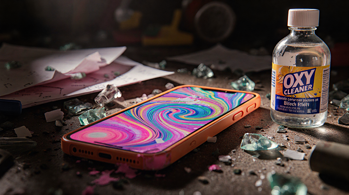iPhone 17 displays bright chemical symbols with a bleach bottle nearby on a cluttered work surface.