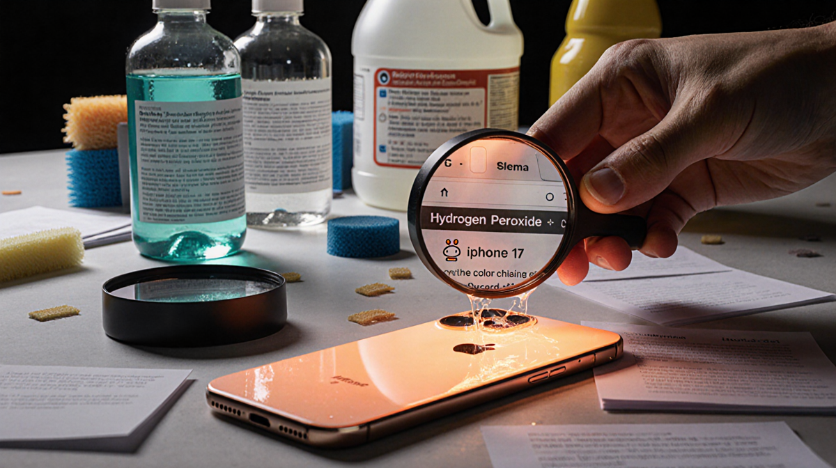 Hand applying cleaning chemical to iPhone 17 with subtle orange glow magnifying glass and bleach bottle nearby