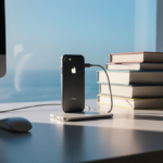 iPhone 17 connected to Mac via cable for encrypted backup with stacked books in a calm soft blue workspace