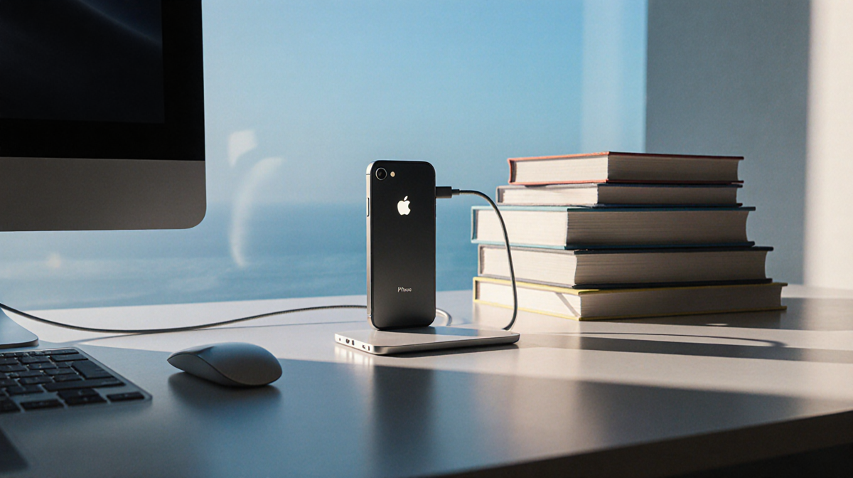 iPhone 17 connected to Mac via cable for encrypted backup with stacked books in a calm soft blue workspace