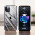 Two iPhone and Galaxy smartphones rest side by side with warm lighting highlighting metallic and glass design contrast.