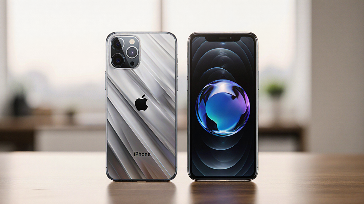 Two iPhone and Galaxy smartphones rest side by side with warm lighting highlighting metallic and glass design contrast.