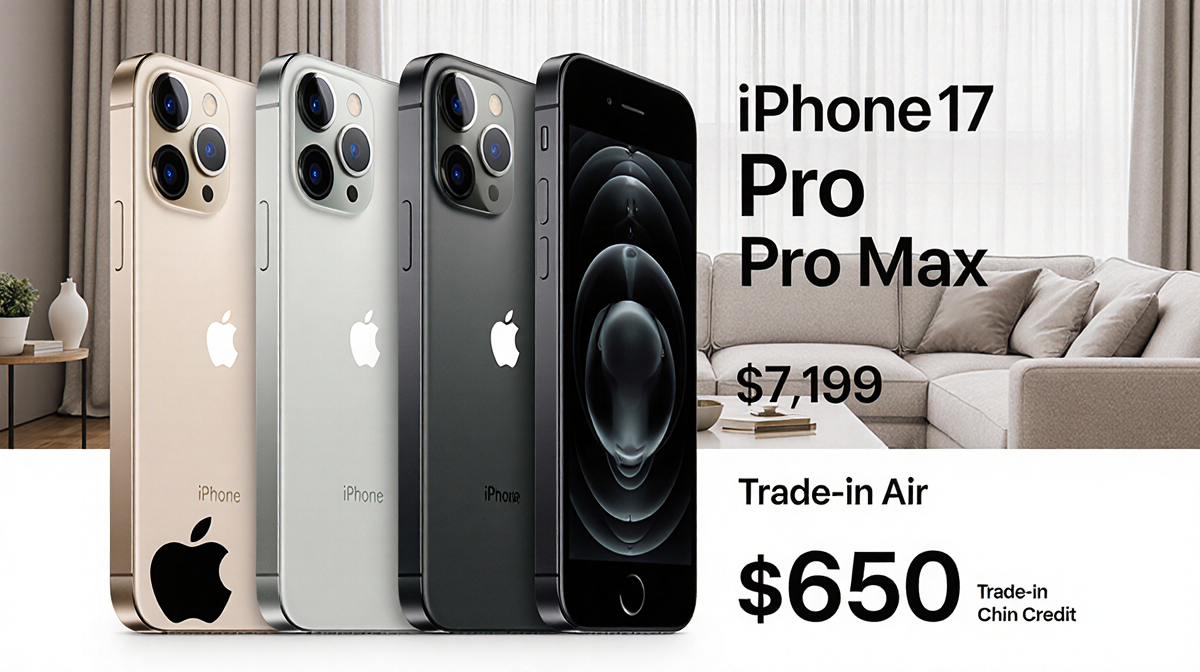 iPhone display shows models and prices with Apple logo and trade-in credit.