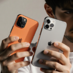 Hands hold two smartphones with bright orange iPhone 17 Pro and metallic silver Google Pixel 10 Pro on modern background.