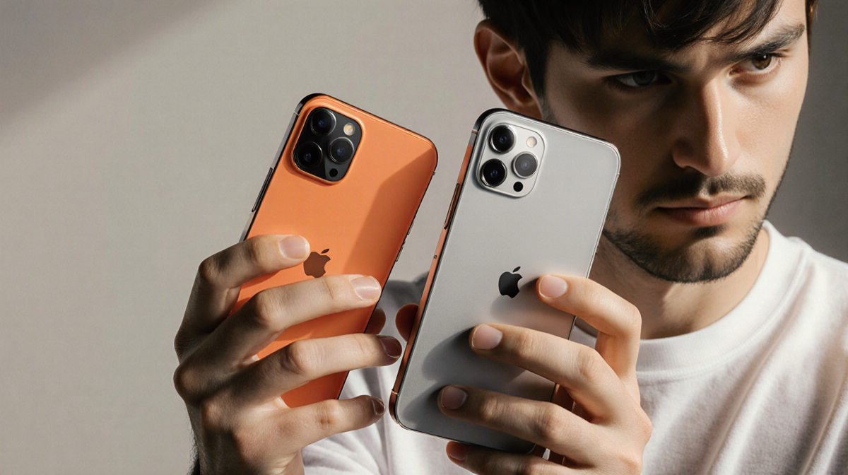 Hands hold two smartphones with bright orange iPhone 17 Pro and metallic silver Google Pixel 10 Pro on modern background.