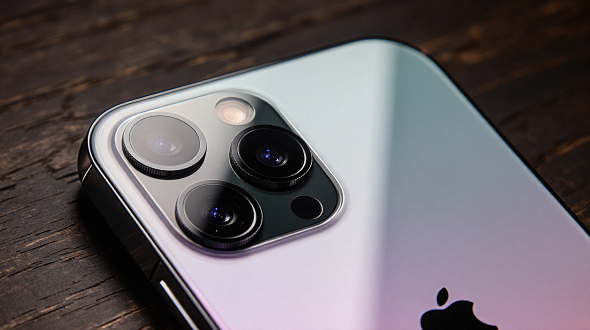 Apple iPhone 17 Pro Max displays 50MP camera array and adaptive OLED screen with dark wood backdrop