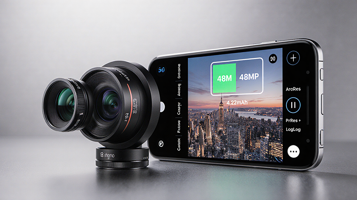 iPhone 17 Pro Max camera showing wide and ultra-wide lenses with blurred cityscape and battery indicator 4252mAh on screen