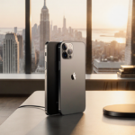 iPhone 17 Pro Max rests on minimalist coffee table with warm side lighting and sunset cityscape behind.