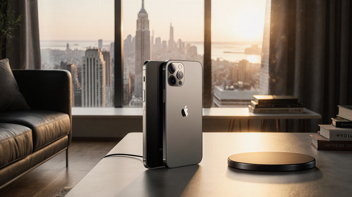 iPhone 17 Pro Max rests on minimalist coffee table with warm side lighting and sunset cityscape behind.