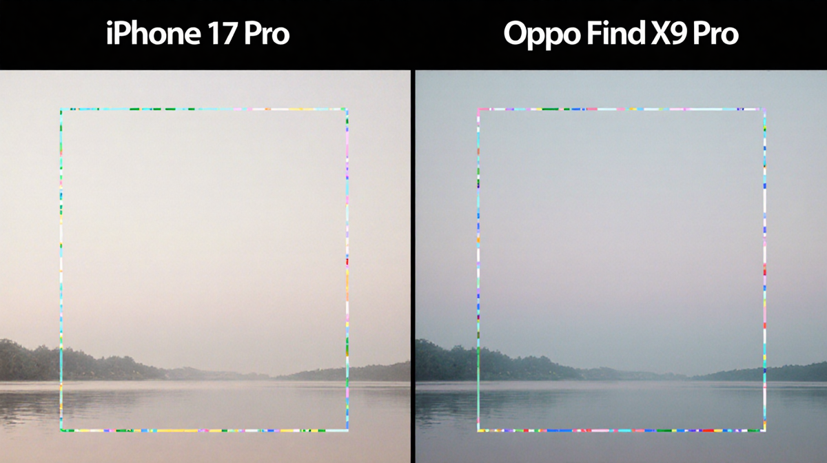 Side-by-side iPhone 17 Pro and Oppo Find X9 Pro camera previews with default JPEG settings on a neutral gradient background