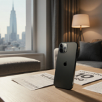 Black iPhone 17 Pro resting on desk with flyers and trade‑in documents and a cityscape through the window