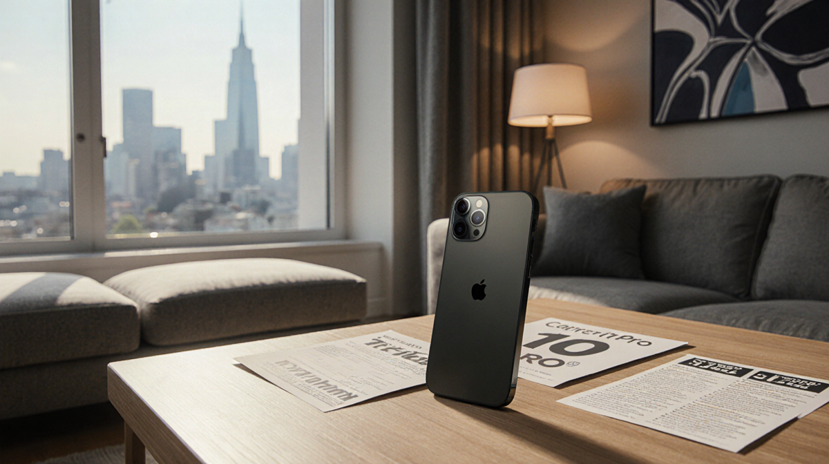 Black iPhone 17 Pro resting on desk with flyers and trade‑in documents and a cityscape through the window