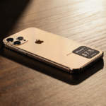 iPhone 17 sits on minimalist wooden desk with warm golden glow and subtle price tag