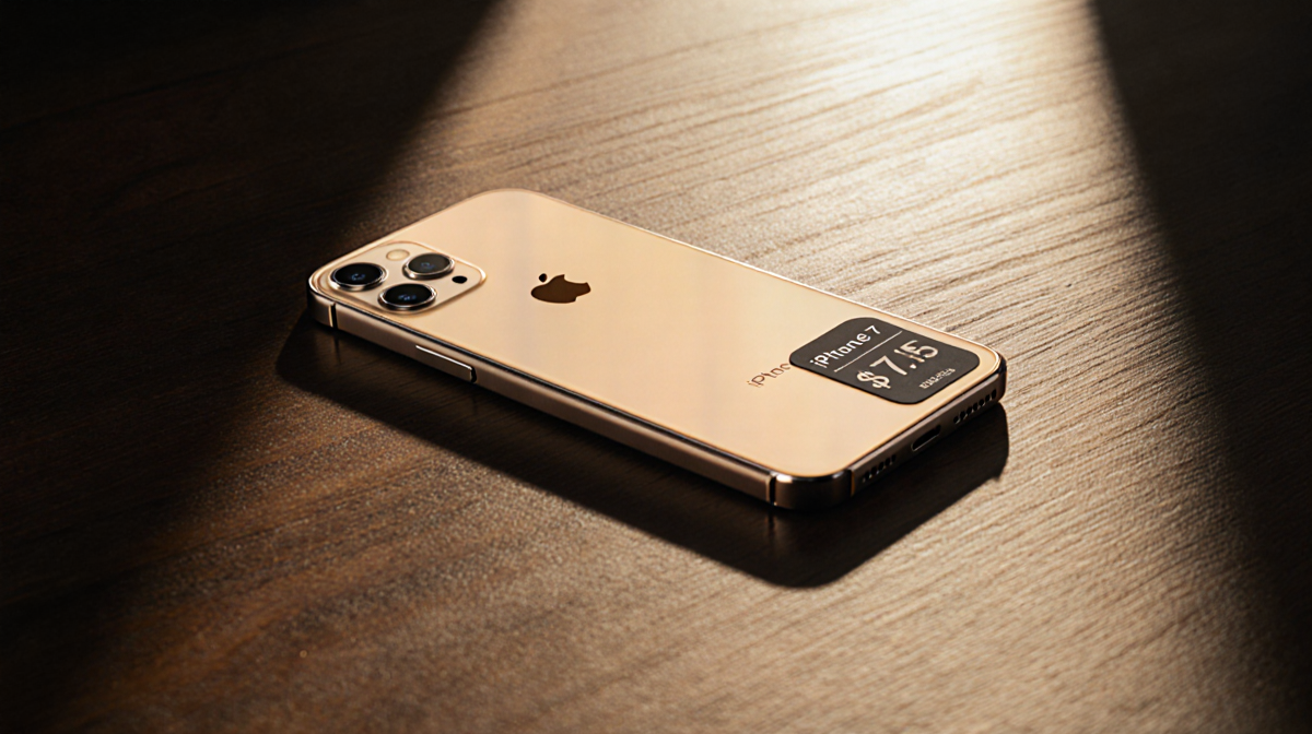 iPhone 17 sits on minimalist wooden desk with warm golden glow and subtle price tag