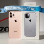 Two iPhones sit side by side on a minimalist desk with Verizon branding and a blue ribbon showing free offer