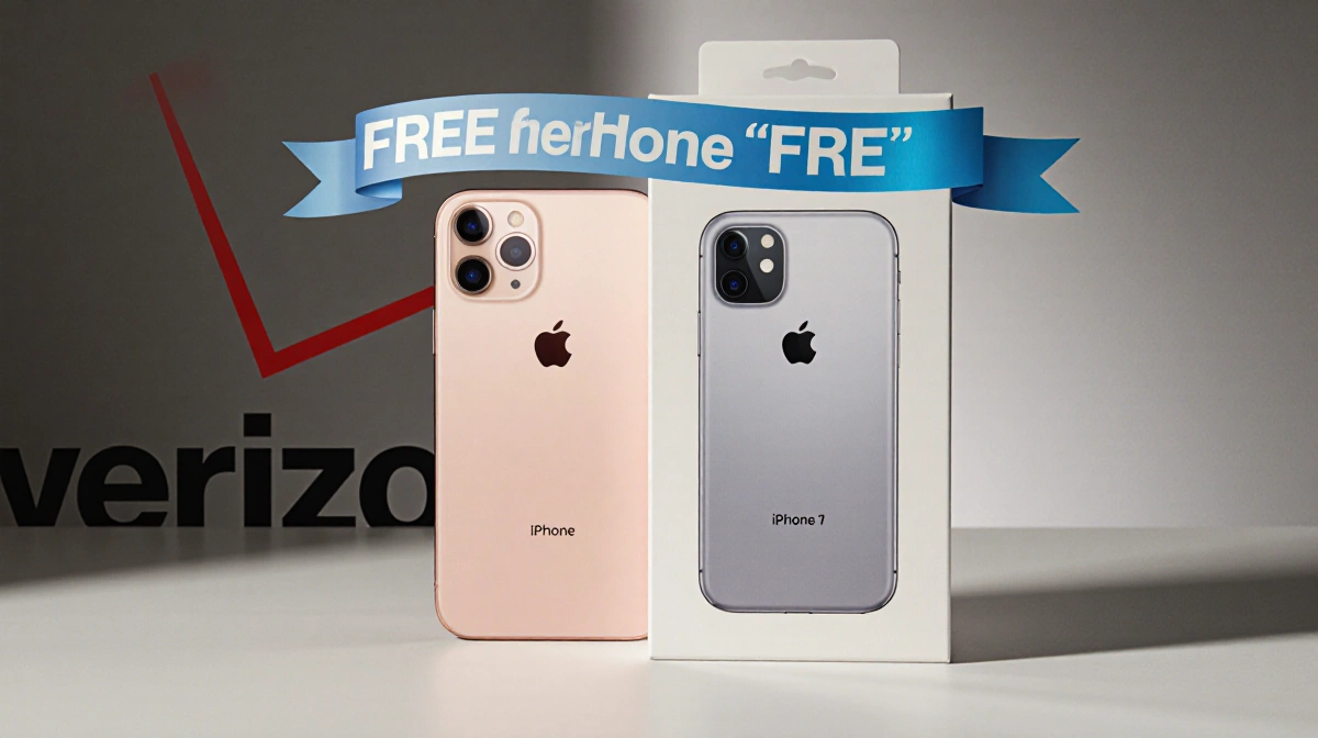 Two iPhones sit side by side on a minimalist desk with Verizon branding and a blue ribbon showing free offer