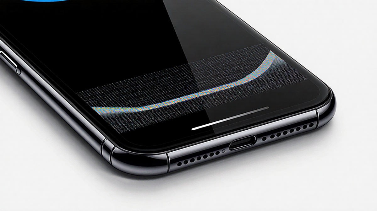 Flat iPhone 17E shows subtle grid pattern on screen with blurred background and shadow under Dynamic Island