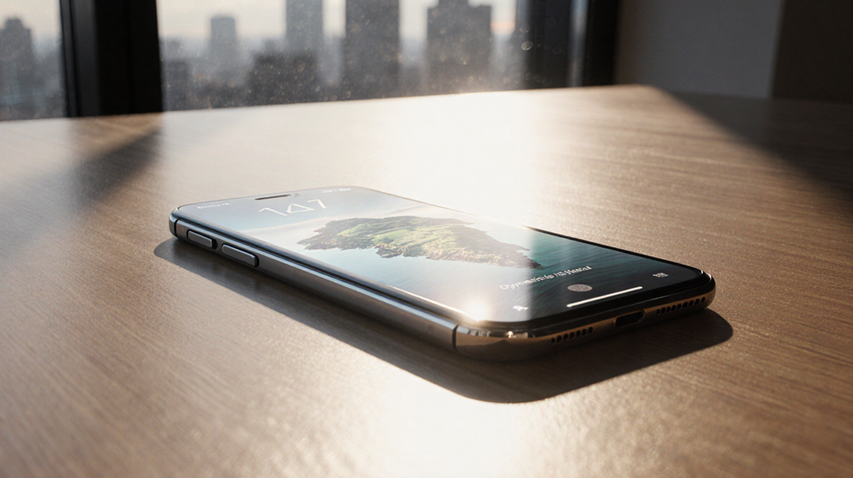 iPhone 17E lies flat on a wooden desk with Dynamic Island glowing under warm light and a blurred cityscape behind.