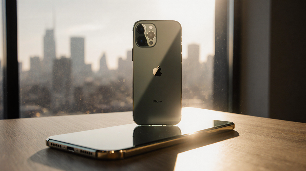 Futuristic iPhone 18 prototype glows with golden sunlight on a wooden desk with blurred cityscape behind