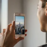 Person holding iPhone Air with slim design and cityscape on screen near window with natural light