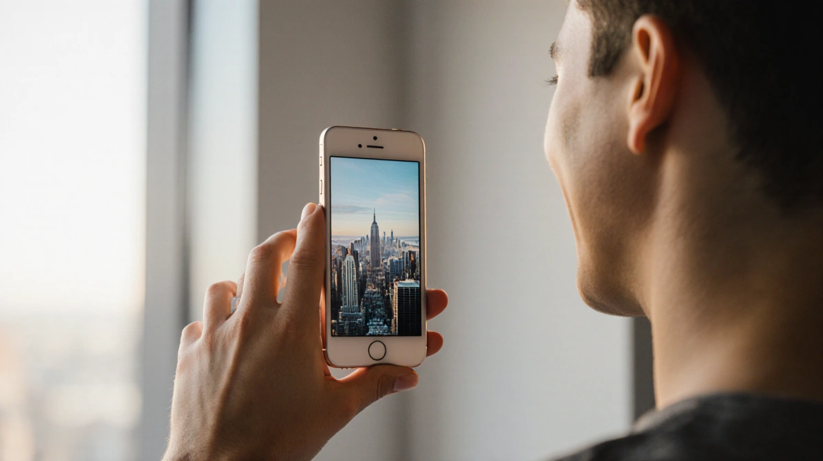 Person holding iPhone Air with slim design and cityscape on screen near window with natural light