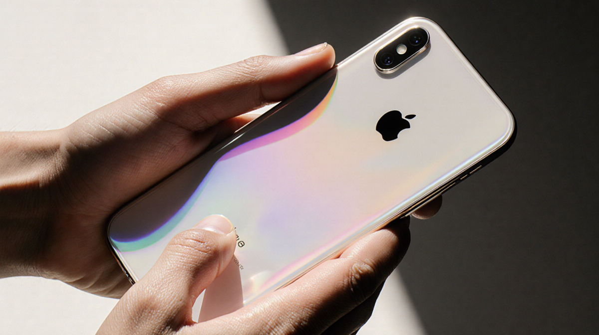 Hands holding iPhone Air with transparent back gleaming under soft natural light and subtle gradient screen.