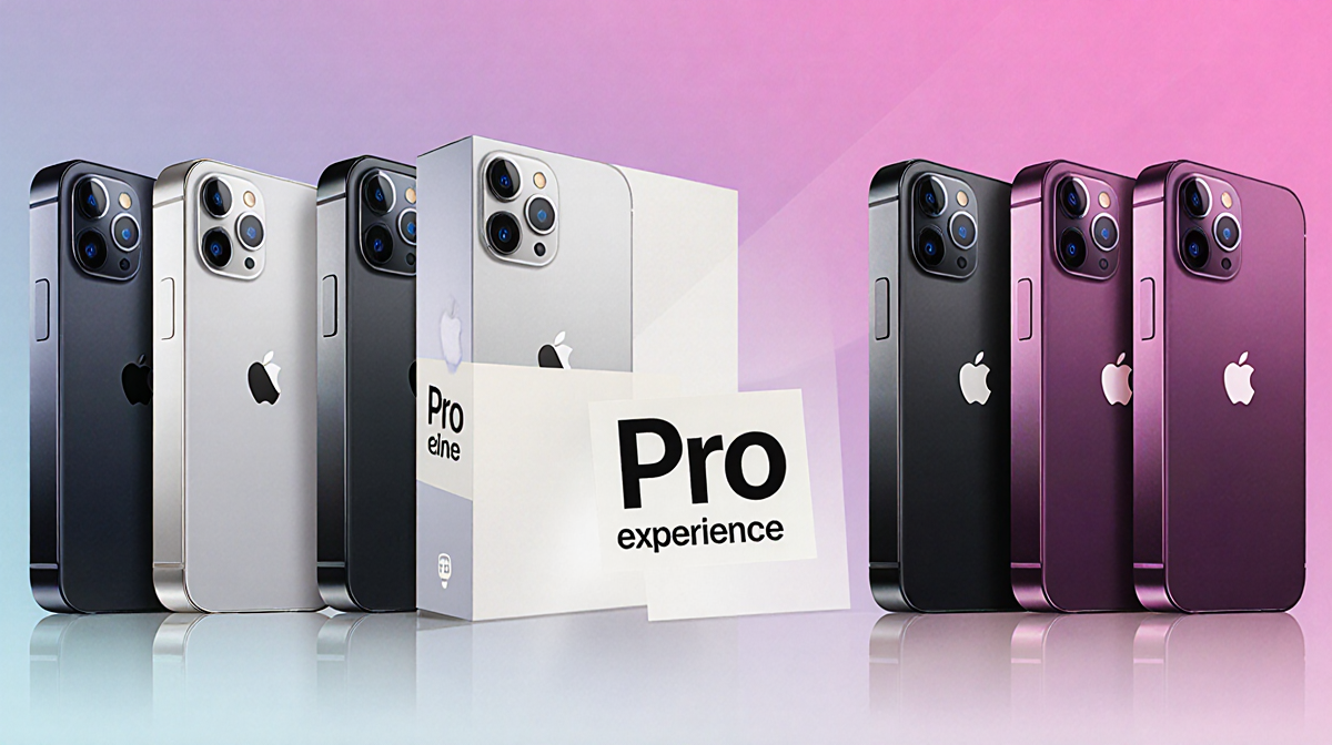 iPhone box with Pro label stands beside older Pro iPhones with larger Apple logo and gradient transition.